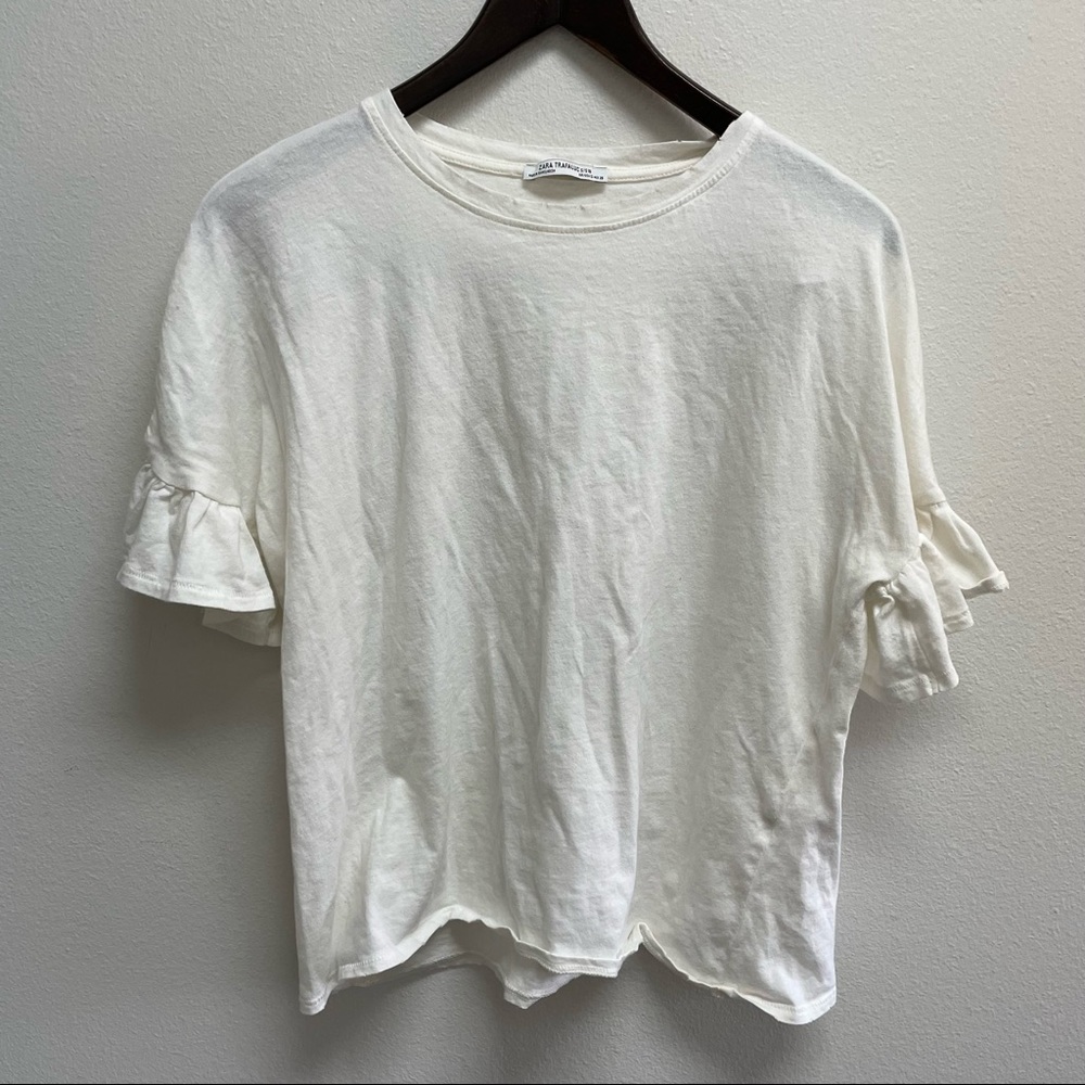 Zara White Short Sleeve Ruffle Tee